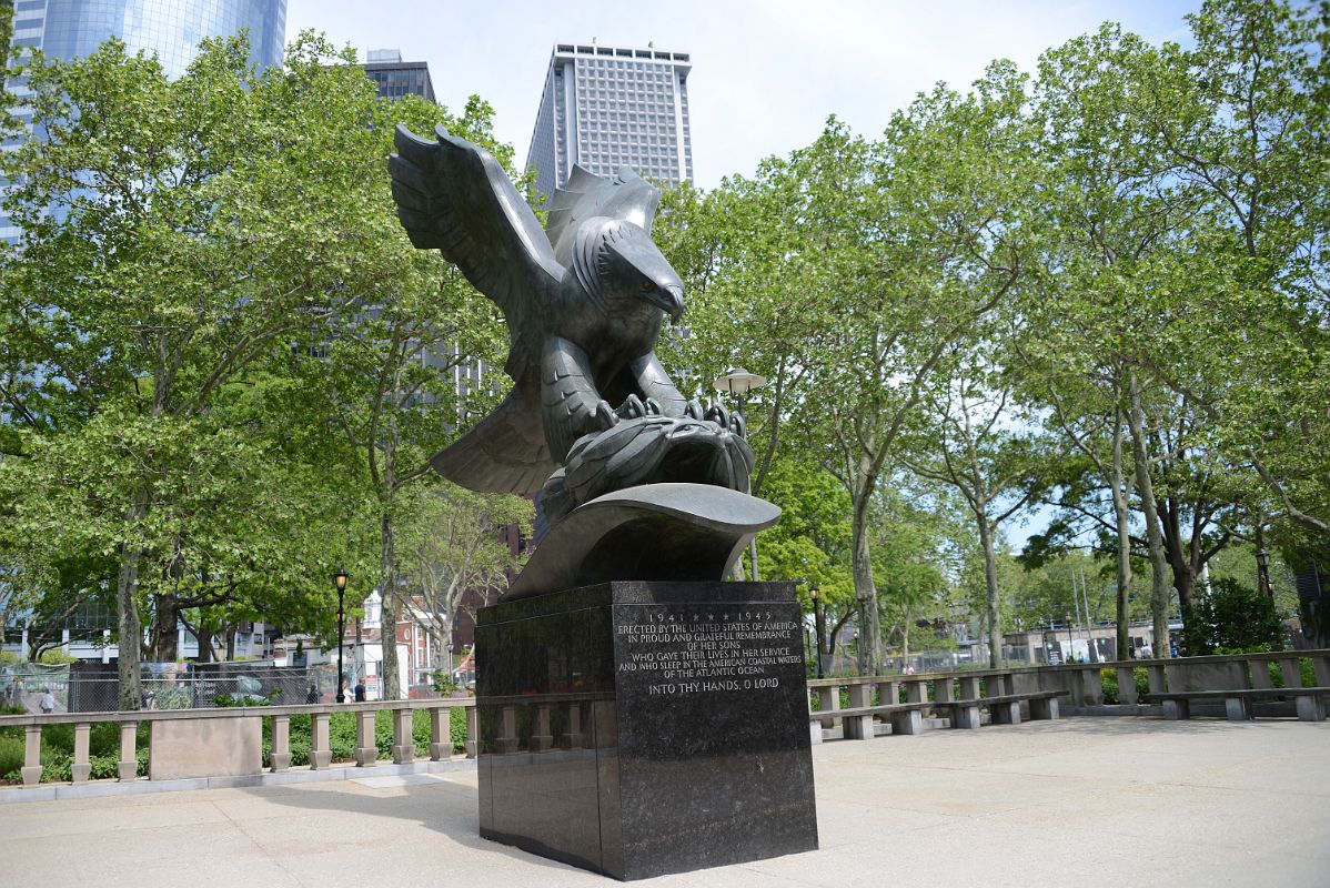 25-08 Bronze Eagle Sculpted By Albino Manca Grips A Laurel Wreath Over A Wave Signifying Mourning At The Watery Grave East Coast Memorial Battery Park In New York Financial District